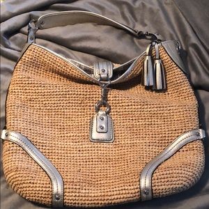 Woven Straw Hobo Bag with Metallic Accents - Tan